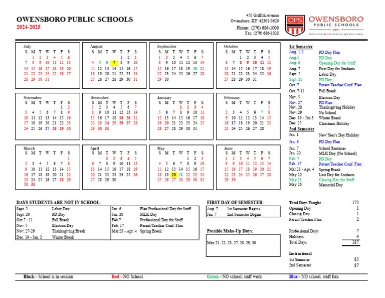 Owensboro Public Schools Calendar 20242025 PDF Academic Term