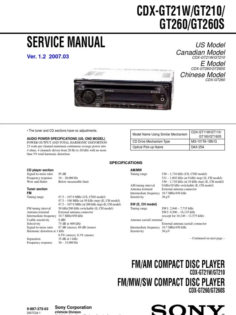 Sony+CDXGT21W GT210 GT260 Esquema Hertz Disco compacto