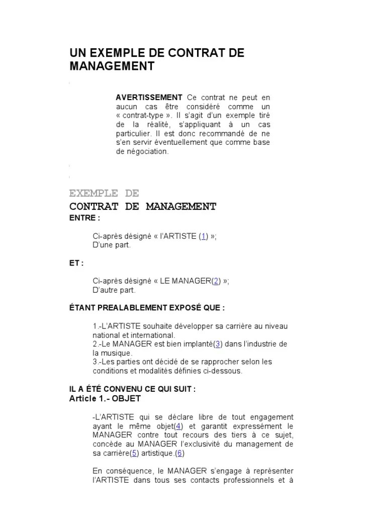 Un Exemple de Contrat de Management Arbitrage Loi commune Essai