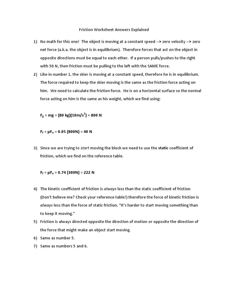 Friction Worksheet Answers Explained Friction Force