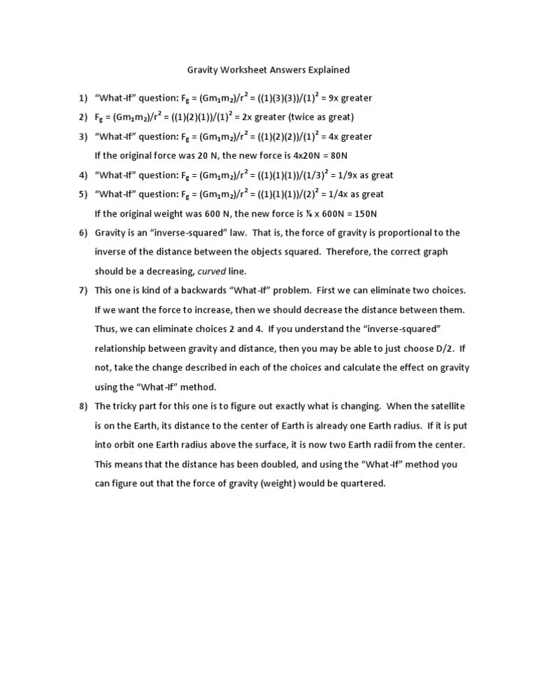 Gravity Worksheet Answers Explained PDF Gravity Distance