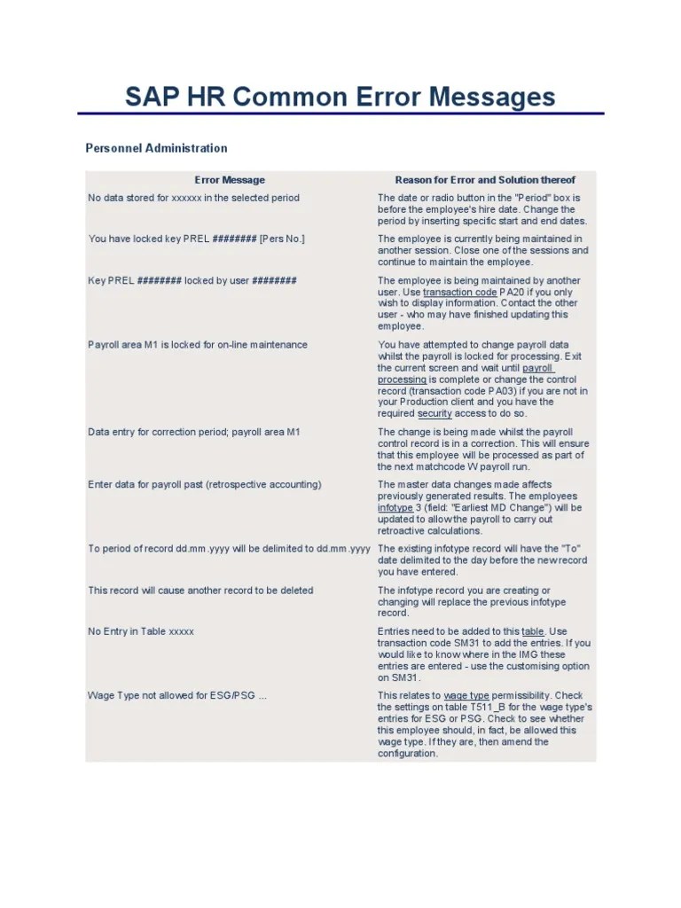 SAP HR Common Error Messages Payroll Wage