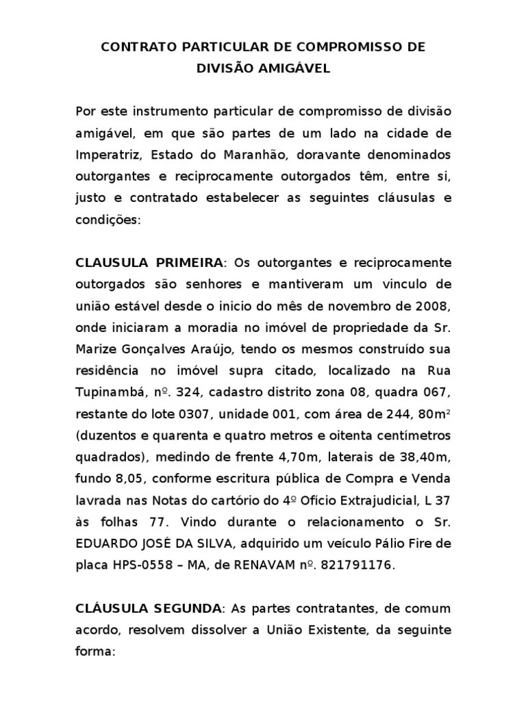 CONTRATO PARTICULAR DE COMPROMISSO DE DIVISÃO AMIGÁVEL