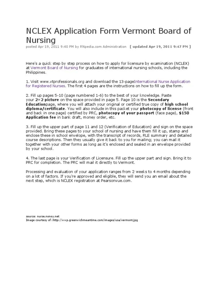 NCLEX Application Form Vermont Board of Nursing PDF
