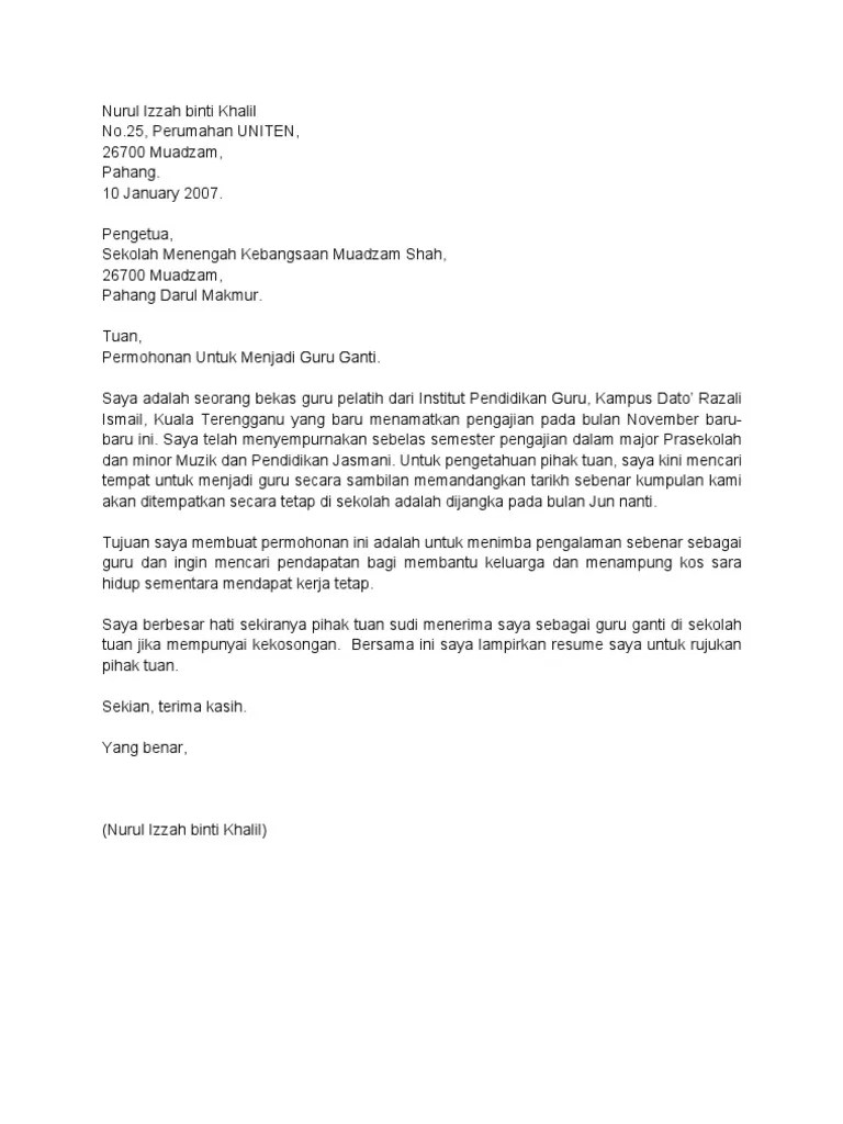 1 apa itu perkhidmatan guru ganti? Contoh Cover Letter Guru Ganti