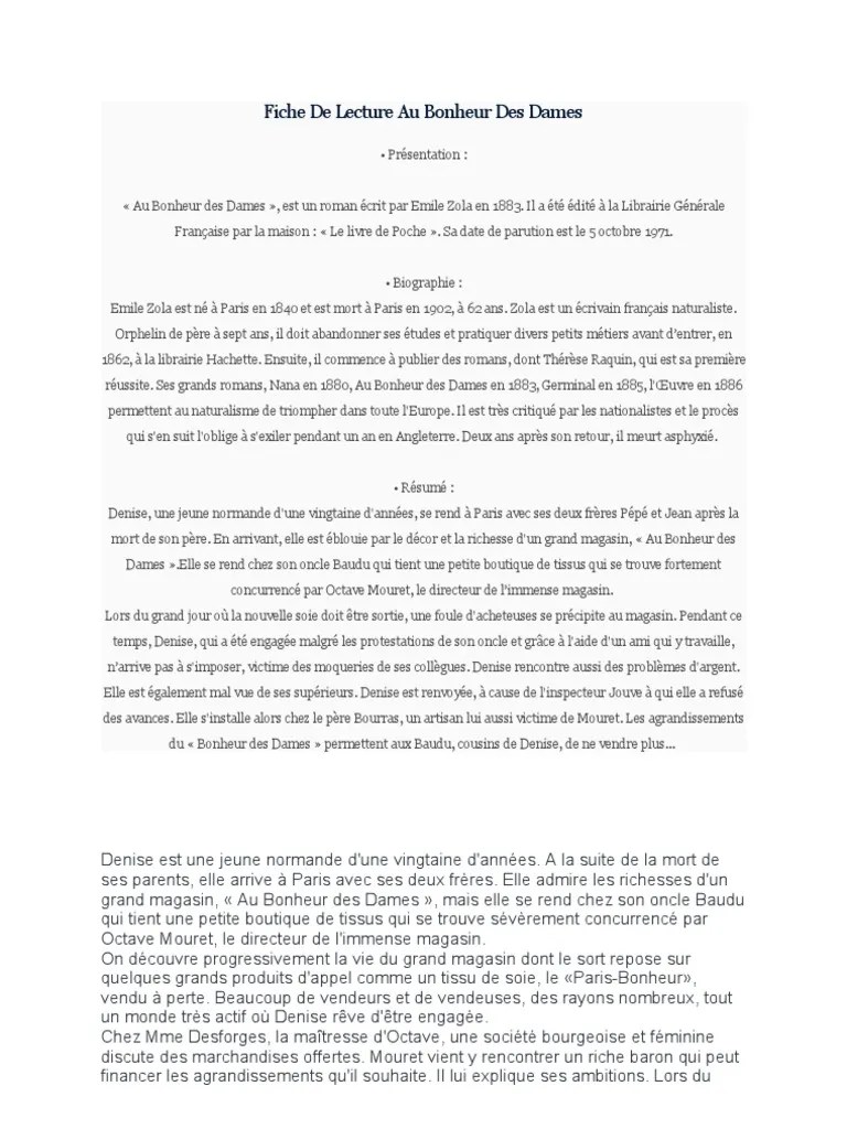 Fiche de Lecture Au Bonheur Des Dames | PDF | Romans