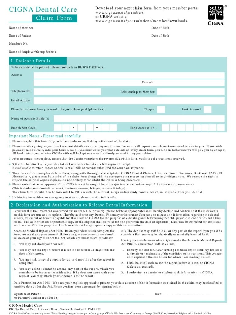 Dental Care Claim Form 2010 Cigna Cheque