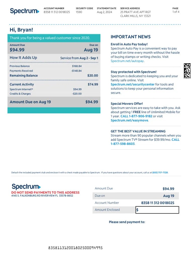 Spectrum Bill PDF Cheque Debit Card