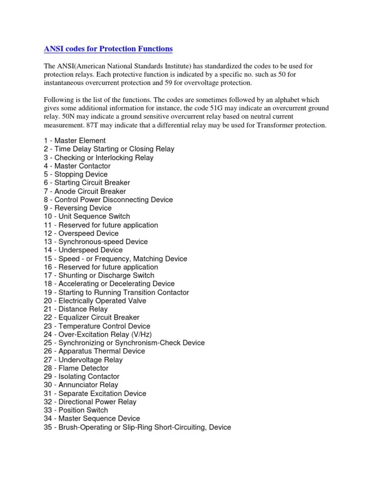 ANSI Codes for Protection Functions Relay Switch