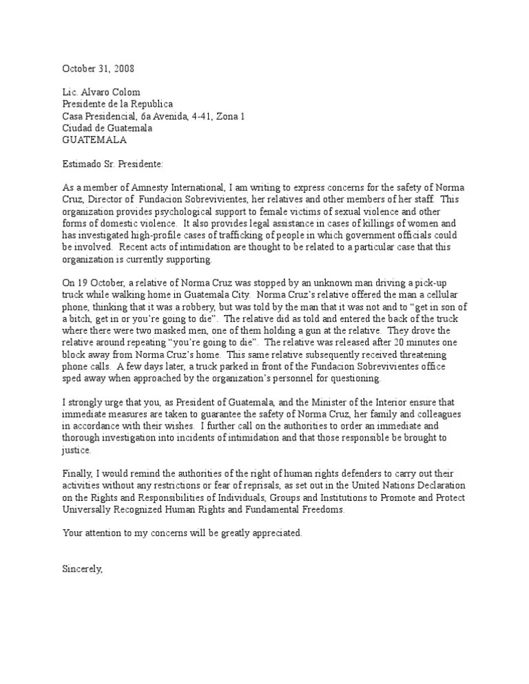 Sample Letter for Urgent Action Norma Cruz