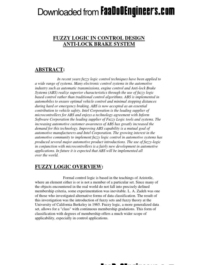 Fuzzy Logic in Control Design PDF Anti Lock Braking System Fuzzy