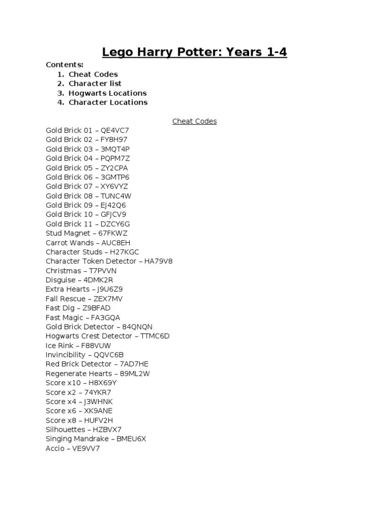 Lego Harry Potter Years 14 Contents 1. Cheat Codes 2. Character