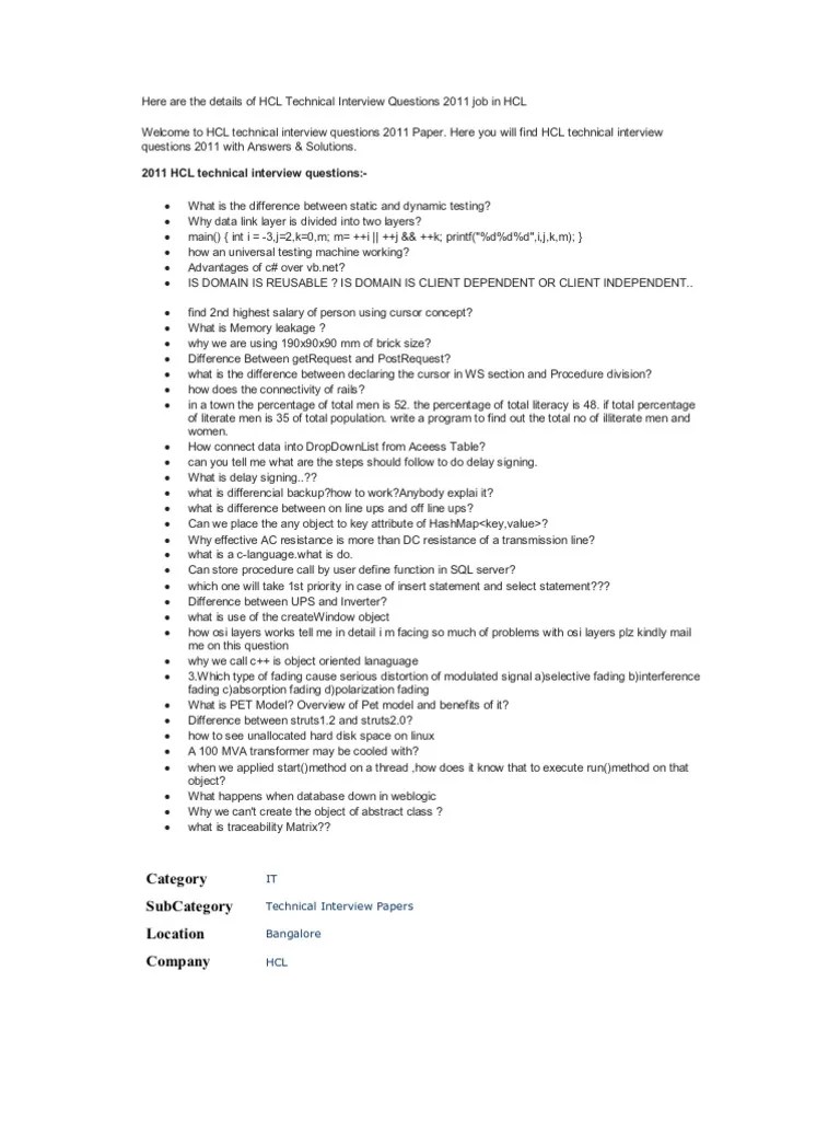 Here Are The Details of HCL Technical Interview Questions 2011 Job in HCL PDF