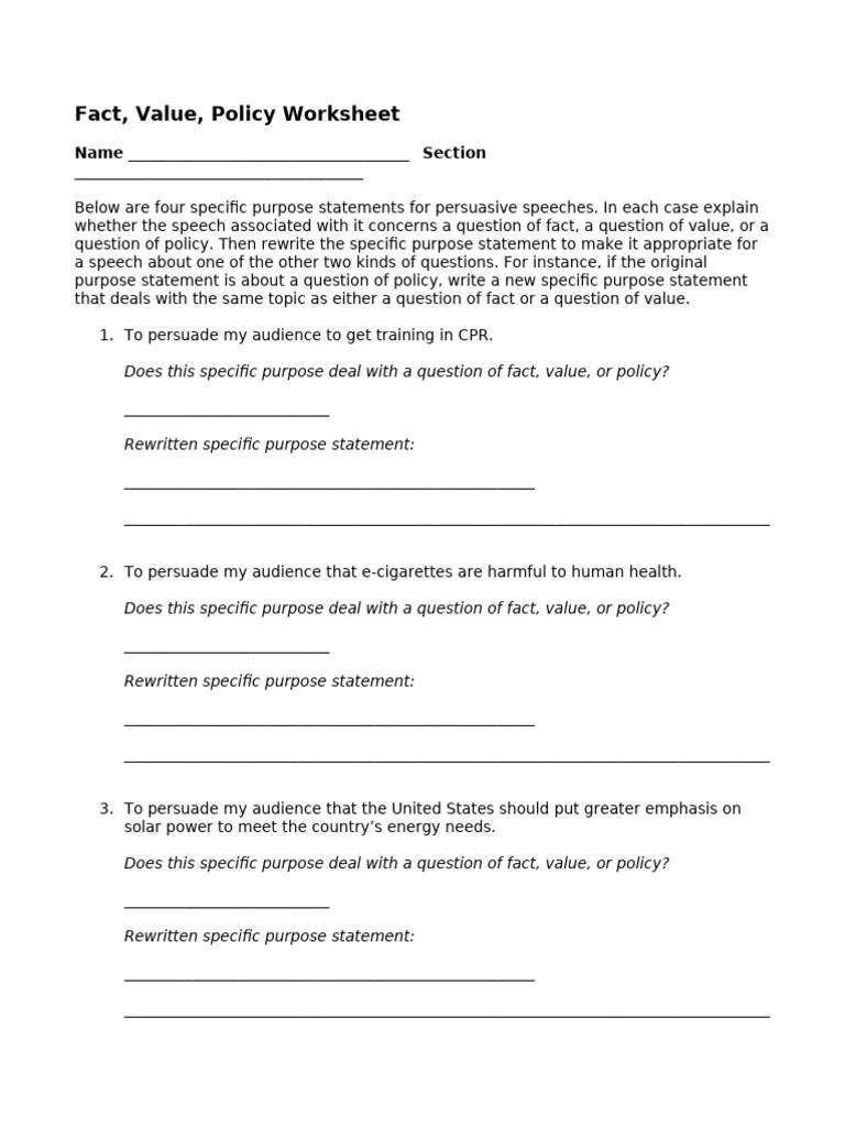 Fact Value Policy Worksheet | PDF | Career & Growth
