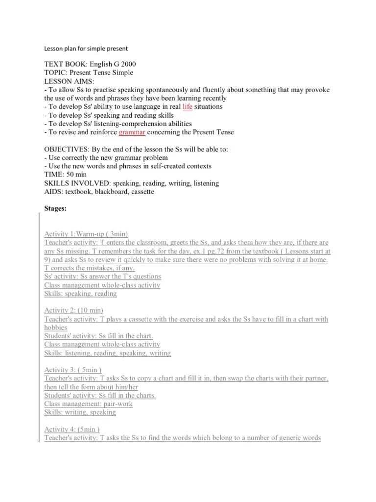 Lesson Plan for Simple Present Verb Lesson Plan
