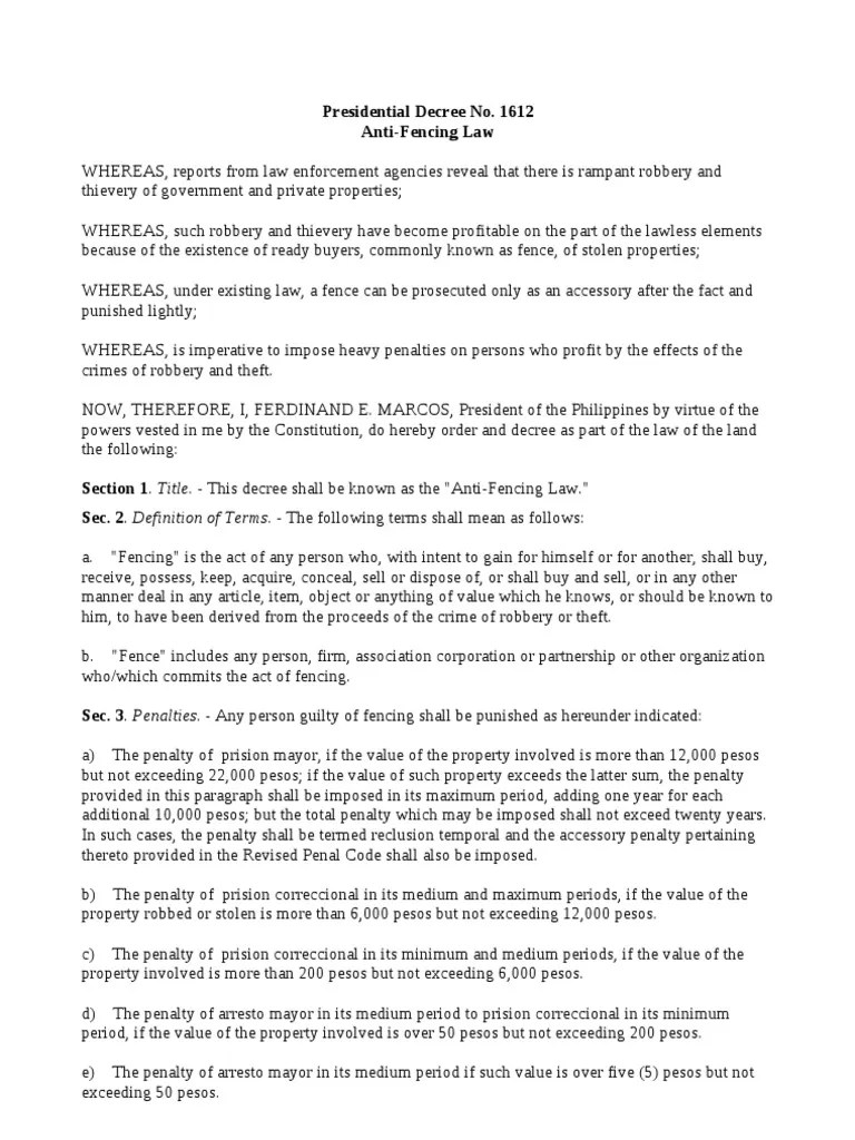 AntiFencing Law PD 1612 PDF Theft Robbery