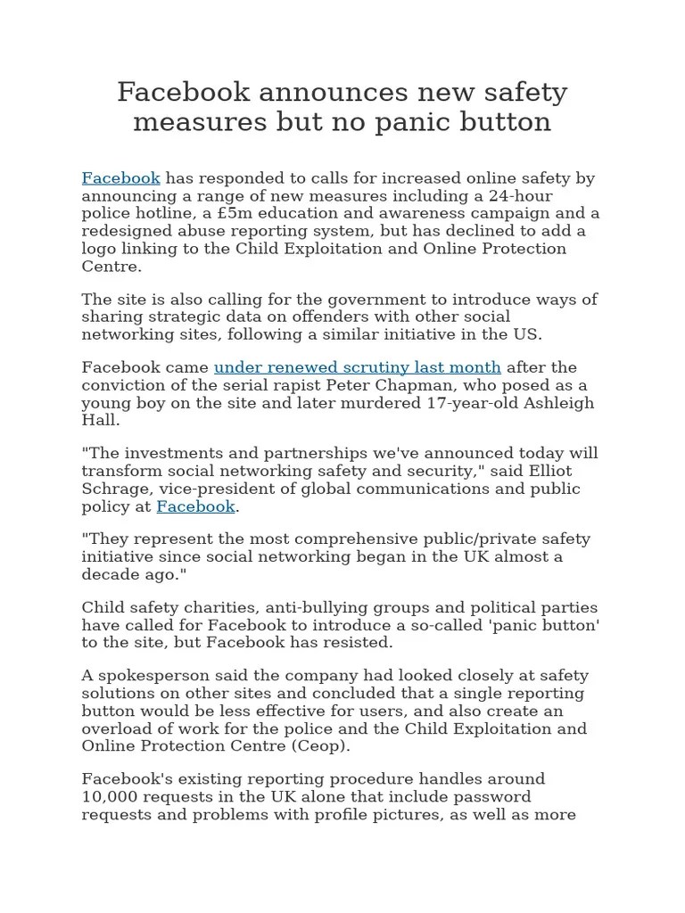Facebook Announces New Safety Measures But No Panic Button PDF