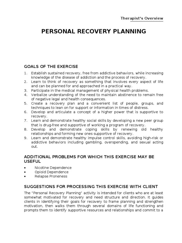 Personal Recovery Planning Recovery Approach Substance Dependence