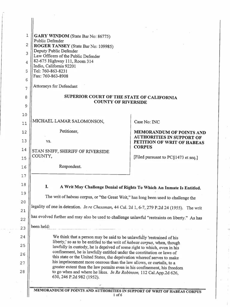 Memorandum of Points and Authorities in Support of Writ