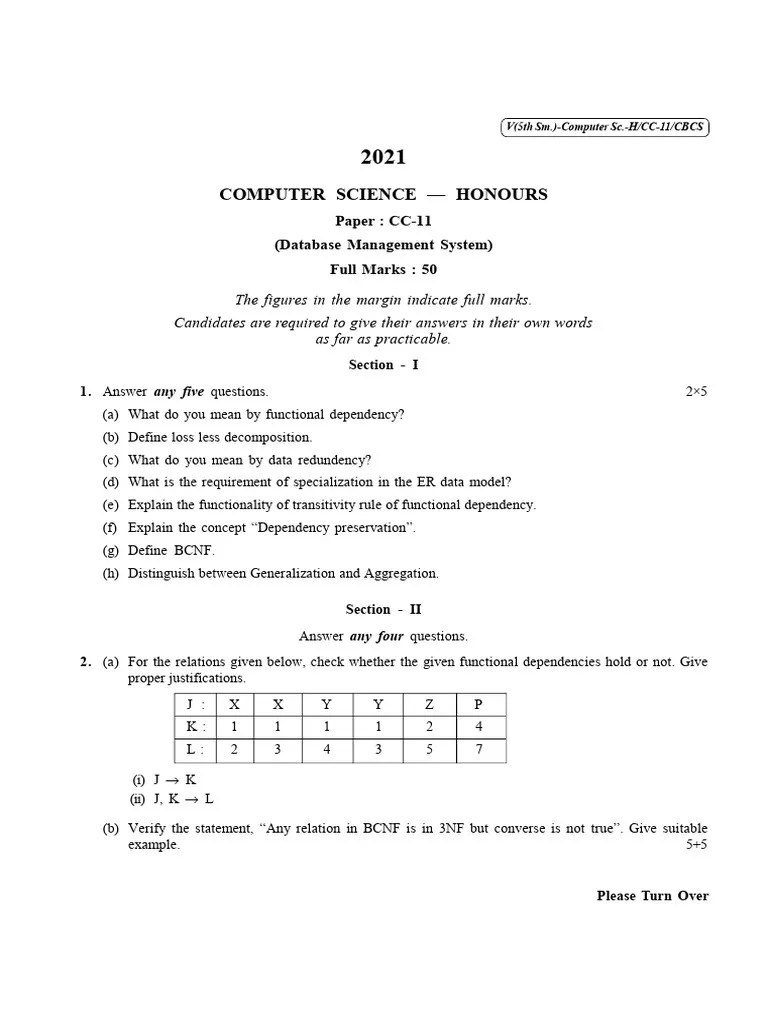 CU2021 B.sc. (Honours) Computer Science Semester5 PaperCC11 QP PDF