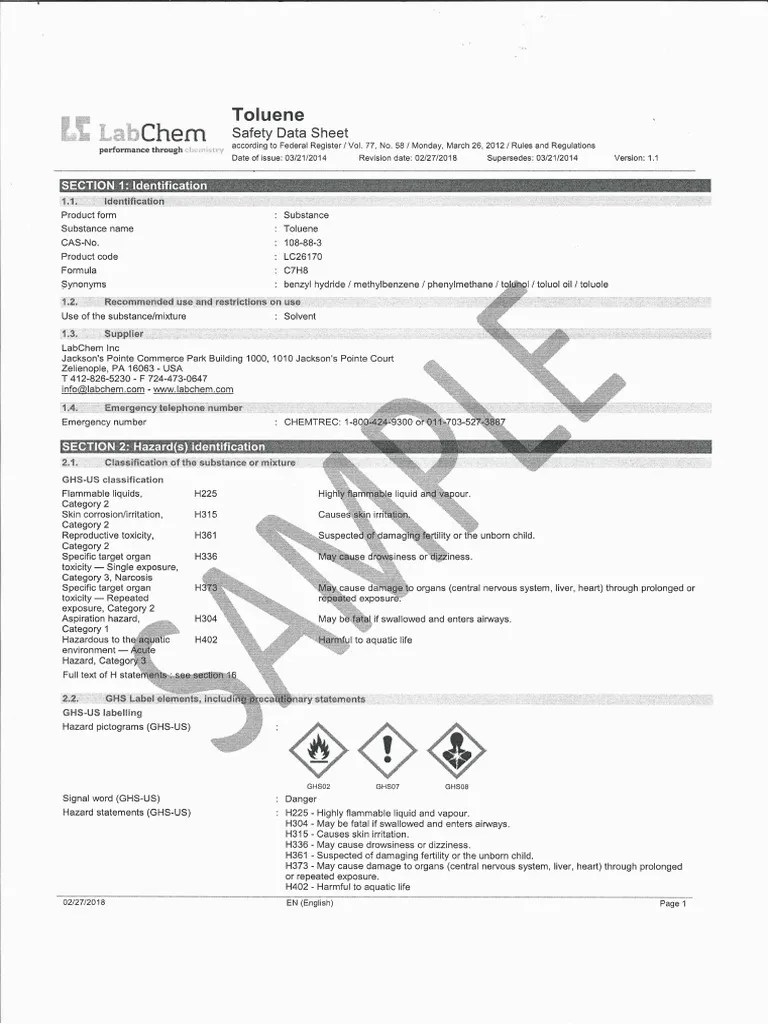 Copy of 7 Safety Data Sheet (Toluene) Sample Only PDF