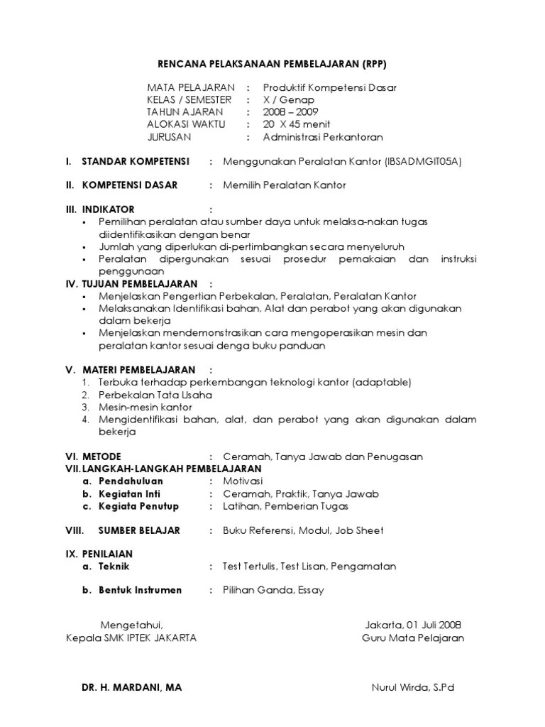 Rpp Smk Jurusan Administrasi Perkantoran - Revisi Id