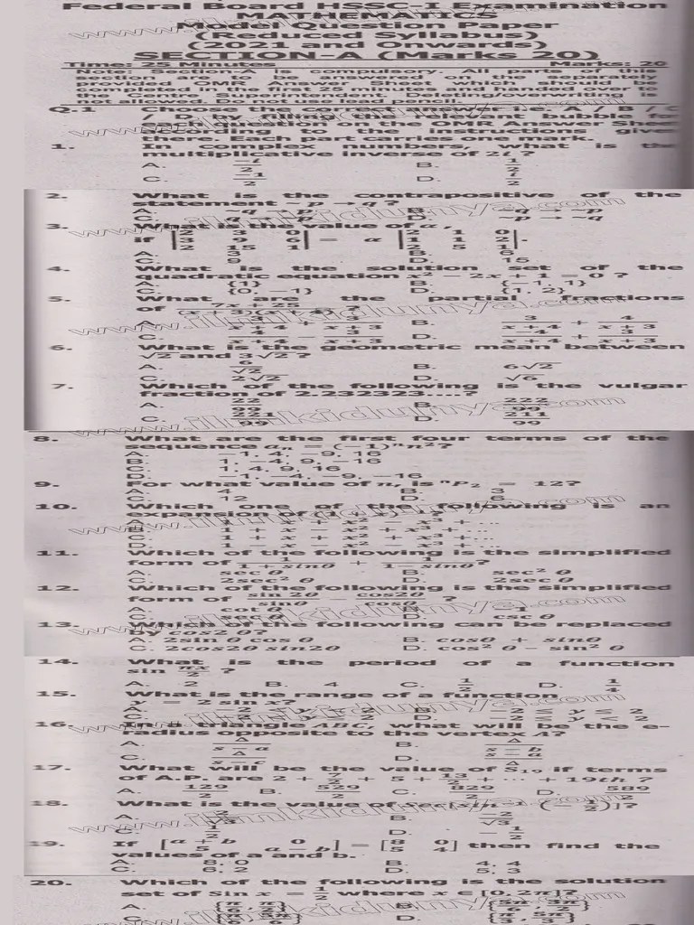 Past Paper 11th Class Federal Board Math English Medium Objective 2021