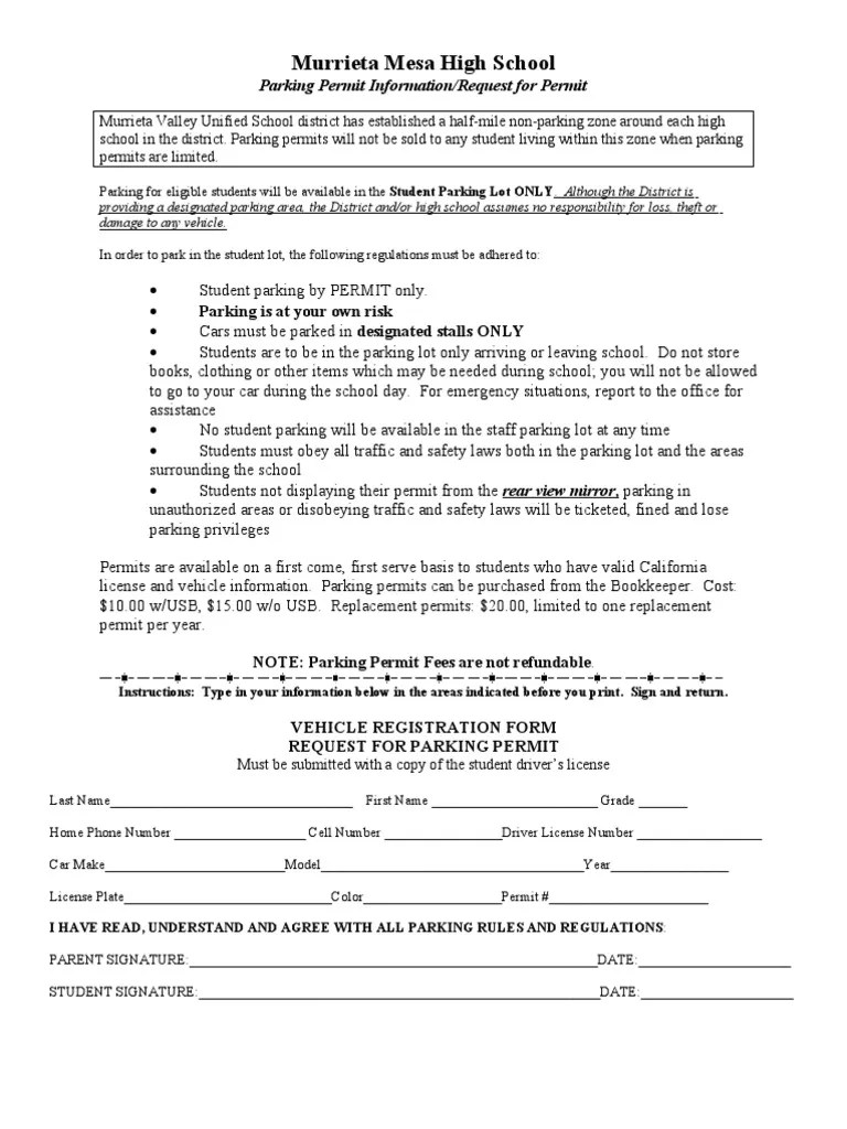 Parking Permit Form Parking Lot License