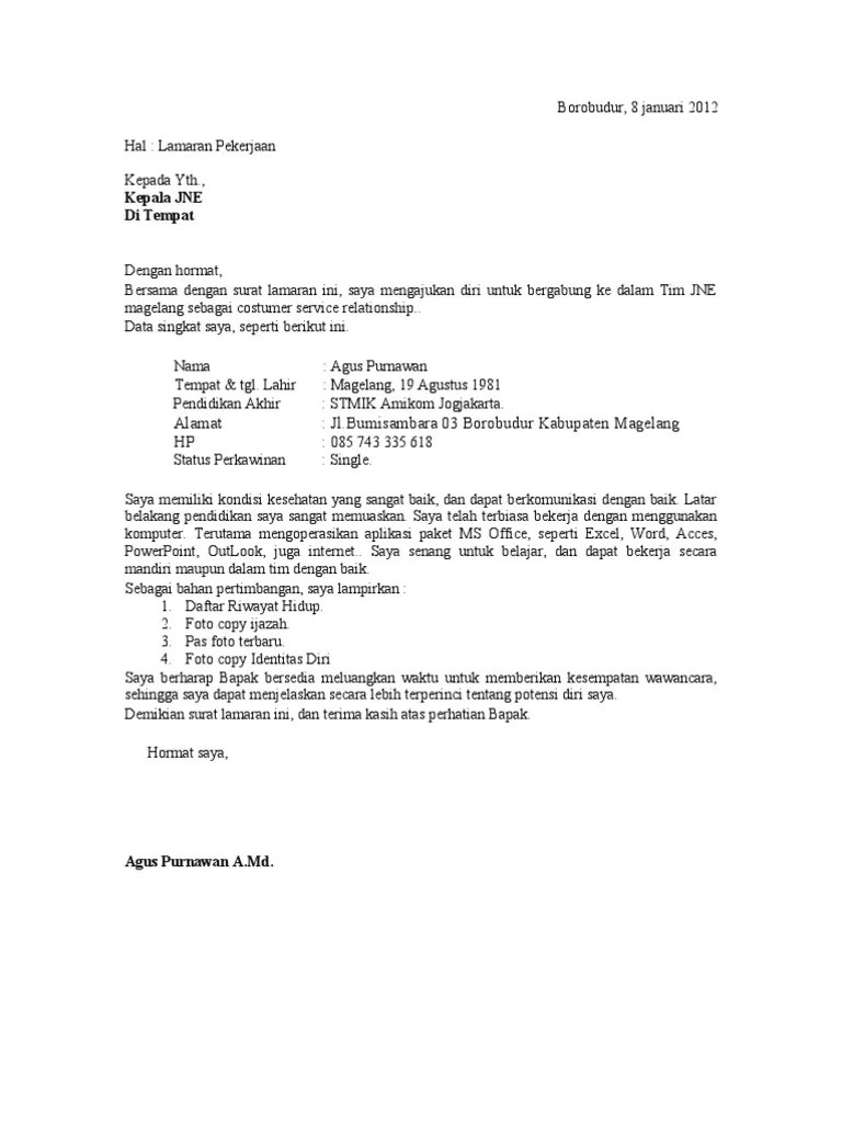 15 Contoh Surat Lamaran Kerja Pt Jne