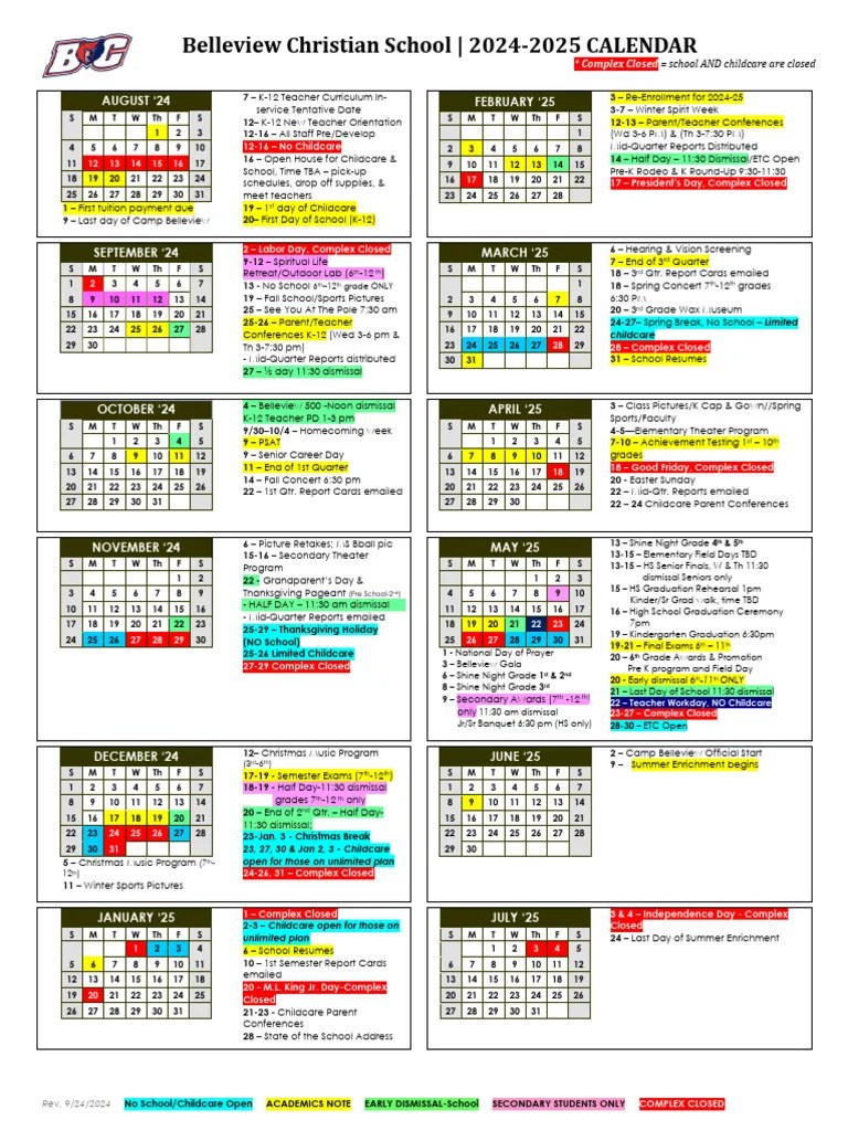 Belleview Christian School 202425 Calendar PDF