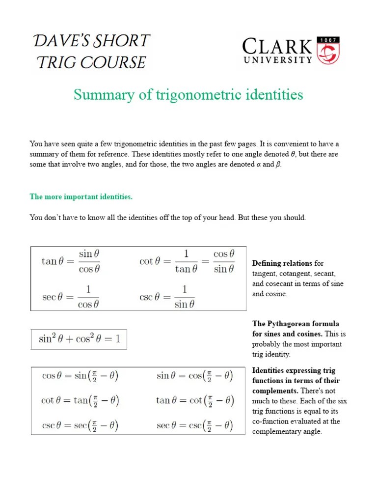 Summaryoftrigonometricidentities PDF Trigonometric Functions