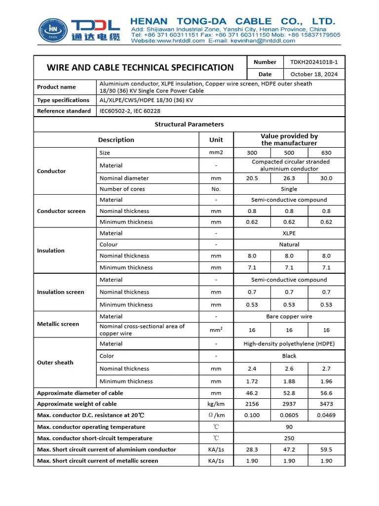 Technical Specification MV Power Cable PDF Electrical Conductor