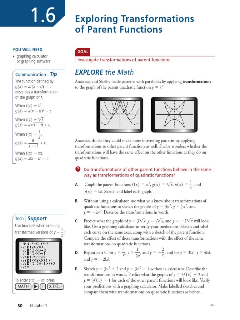 1.6 Exploring Transformations of Parent Functions PDF