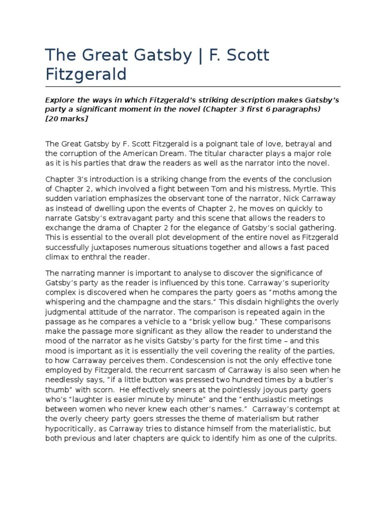 The Great Gatsby Literature Essay The Great Gatsby Narration