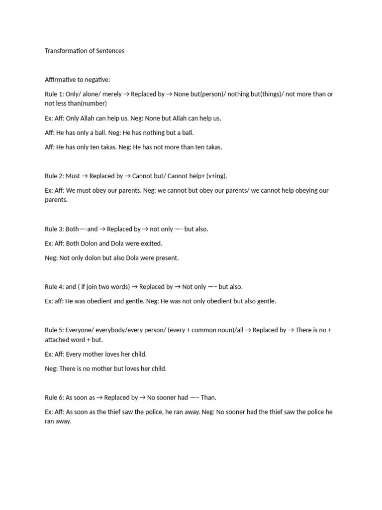 Sentence Transformation Rules Explained PDF Adjective Verb