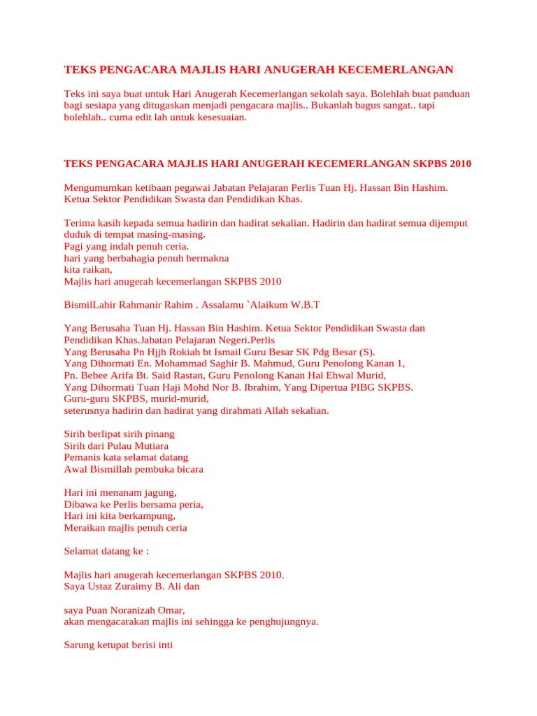 TEKS PENGACARA MAJLIS HARI ANUGERAH KECEMERLANGAN CONTOH PDF