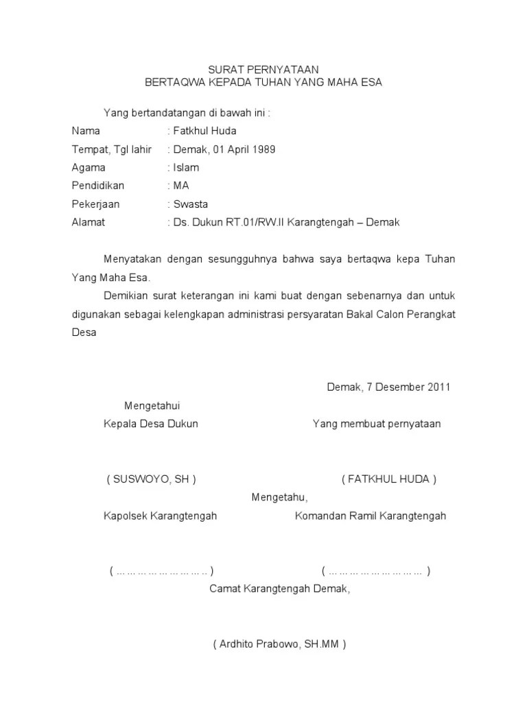 Surat Pernyataan Bertaqwa Kepada Tuhan Yang Maha Esa Perangkat Desa