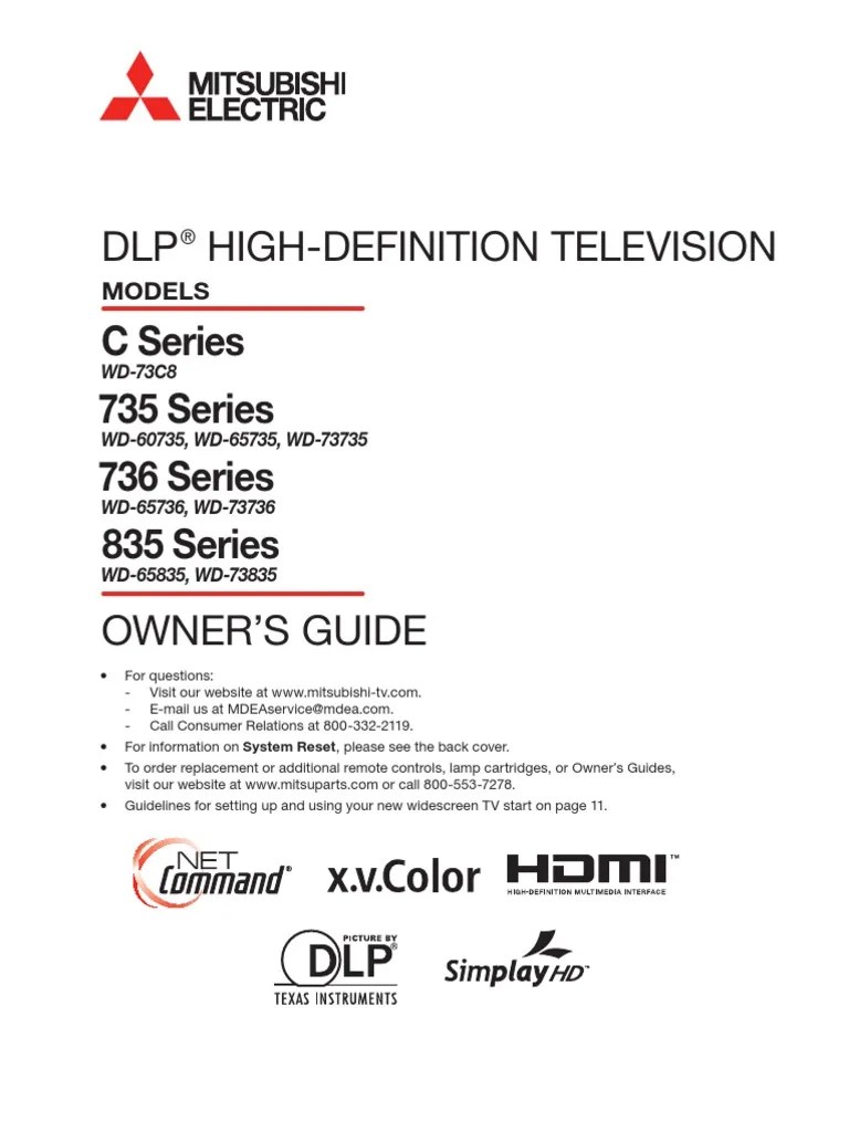 Mitsubishi WD 73736 DLP HDTV Manual Hdmi High Definition Television