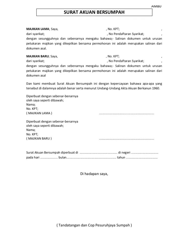 Contoh Surat Akuan Sumpah Berkanun Akta 1960 Free Download Images