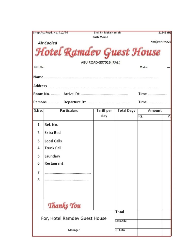 Cash Memo for Hotel Stay Detailing Room Rental, Services, and Itemized