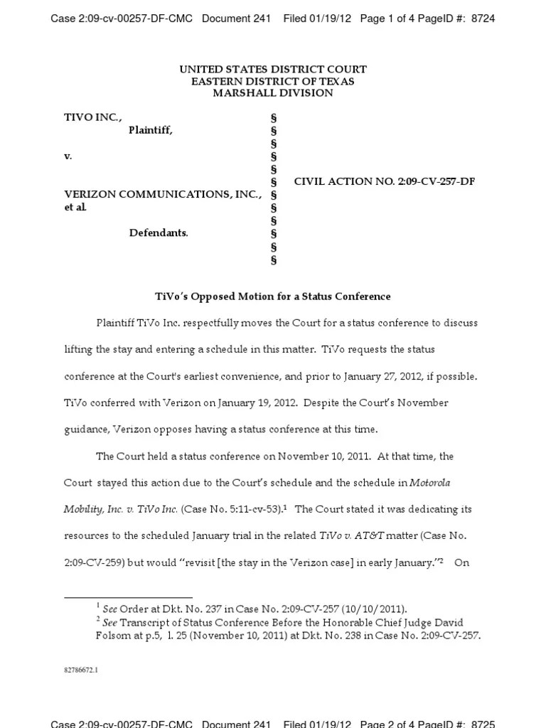 Doc 241 1 TiVo Motion for Status Conference United States District