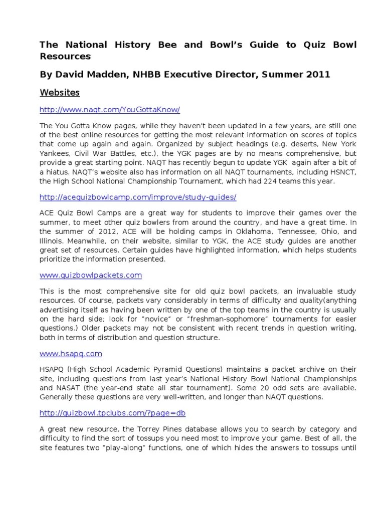 David Madden's Guide To Quiz Bowl Resources PDF Further Education