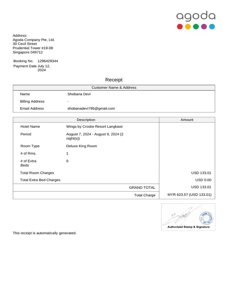 Langkawi Hotel Receipt PDF