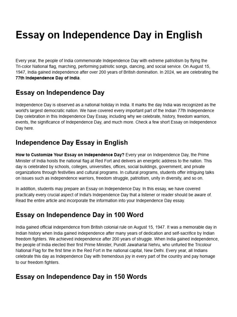 EssayonIndependenceDayPDFinEnglish PDF Independence Day (United States) Indian Independence Movement