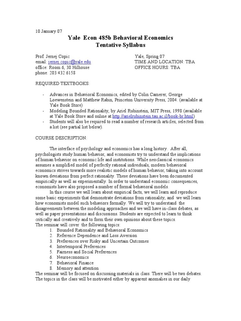 Syllabus 030207 Behavioral Economics Economic Theories