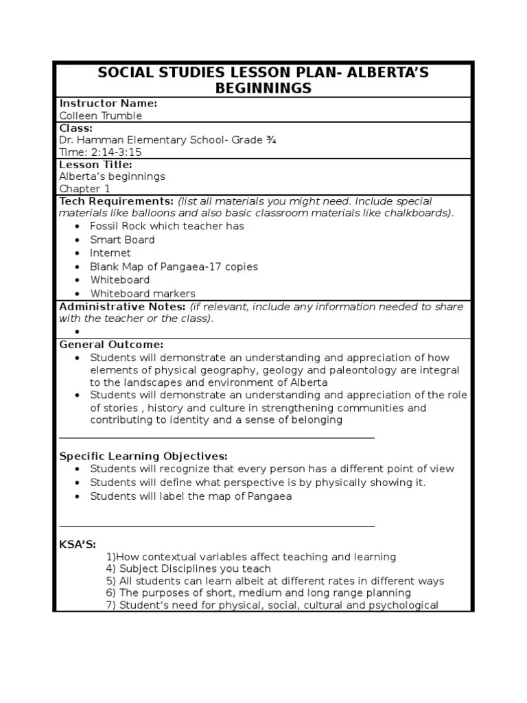 Social Studies Lesson Plan Alberta Beginnings grade 3/4 Teachers
