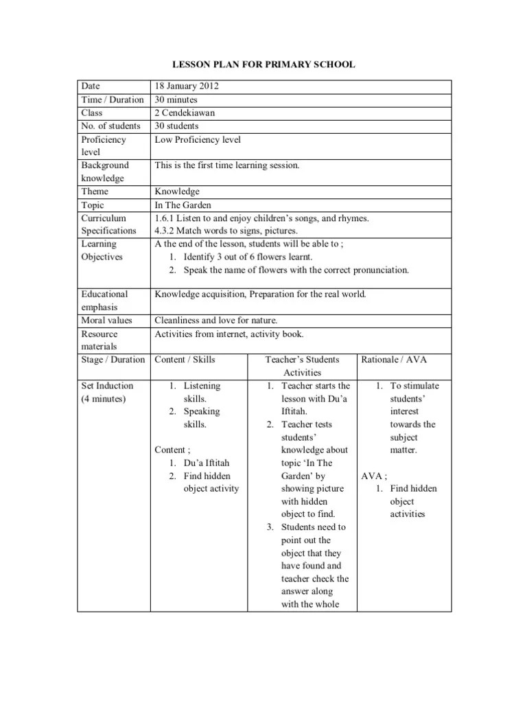 Lesson Plan For Primary School