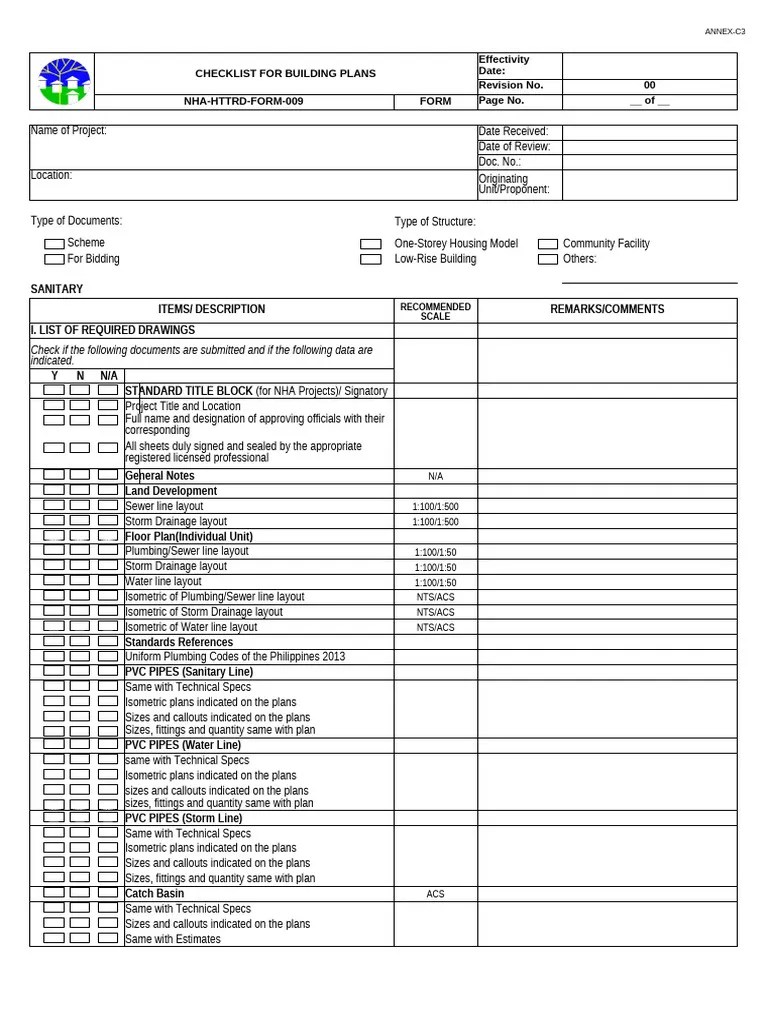 CHECKLIST FOR BLDG. PLANS SANITARYAnnex C3 PDF Specification