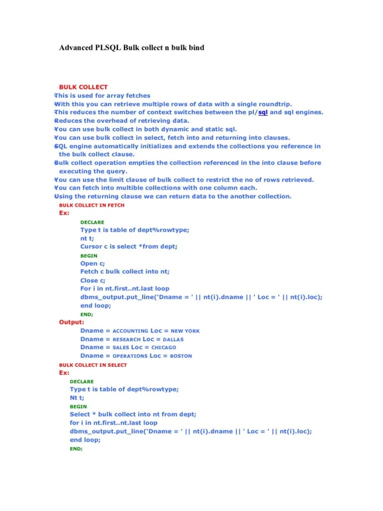 Advanced PLSQL Bulk Collect N Bulk Bind PDF Pl/Sql Sql