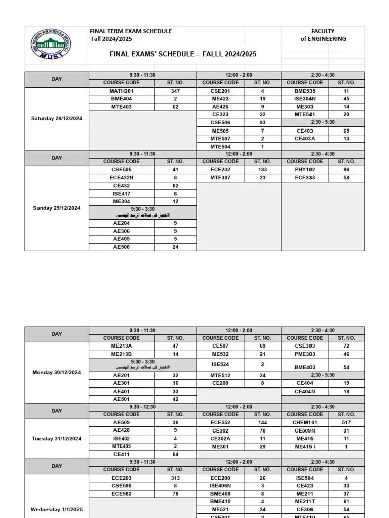 Engineering Final Exam Schedule 2024 PDF